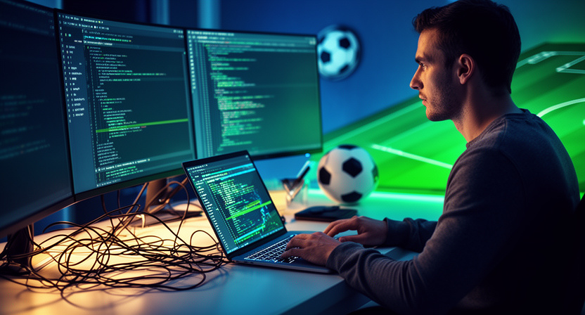 developer working on a complex scraping script, tangled wires representing data extraction