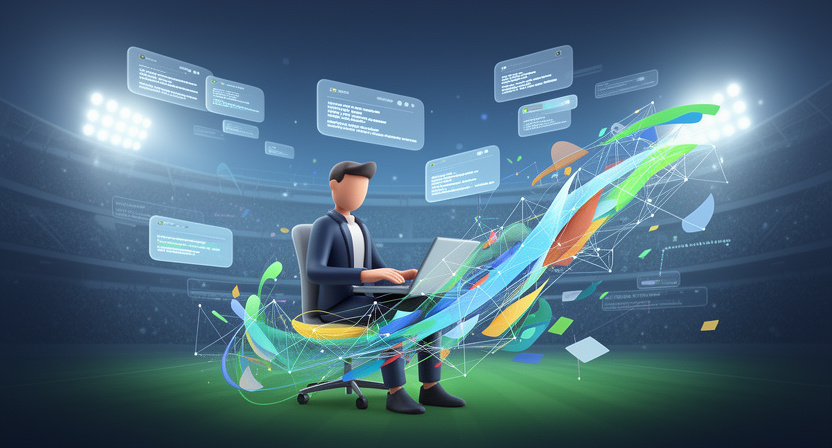 abstract data flow, network connections, football stadium in background