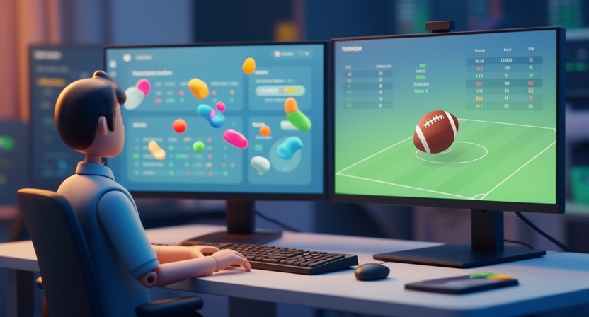 developer's desk with multiple monitors, one showing code, another showing football stats, subtle API key icon