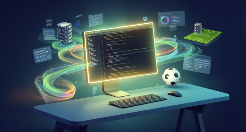 developer workstation, clean code editor, glowing data packets moving between servers