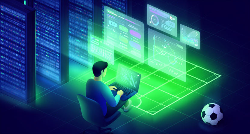 section: abstract server racks, glowing lines of code, digital football pitch grid