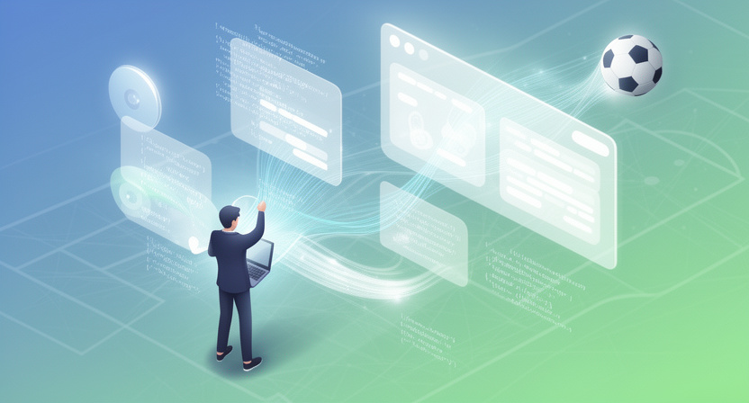 abstract data flow, API endpoints, JSON data packets, football icons