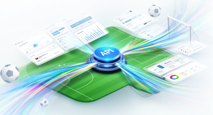 Abstract data flow, multiple sources converging into a single API endpoint, with football icons