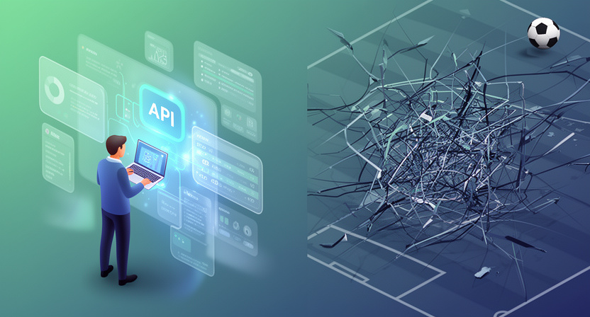 abstract representation of data flowing smoothly through an API, contrasting with a broken, tangled web representing scraping