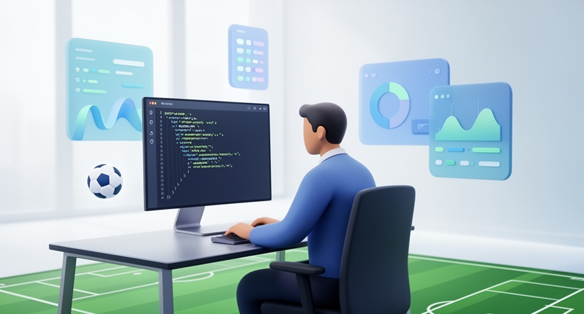 code editor with JSON data, subtle football icon