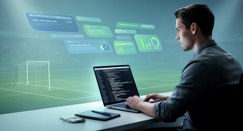 developer working on a laptop, code on screen, abstract sports stadium in background