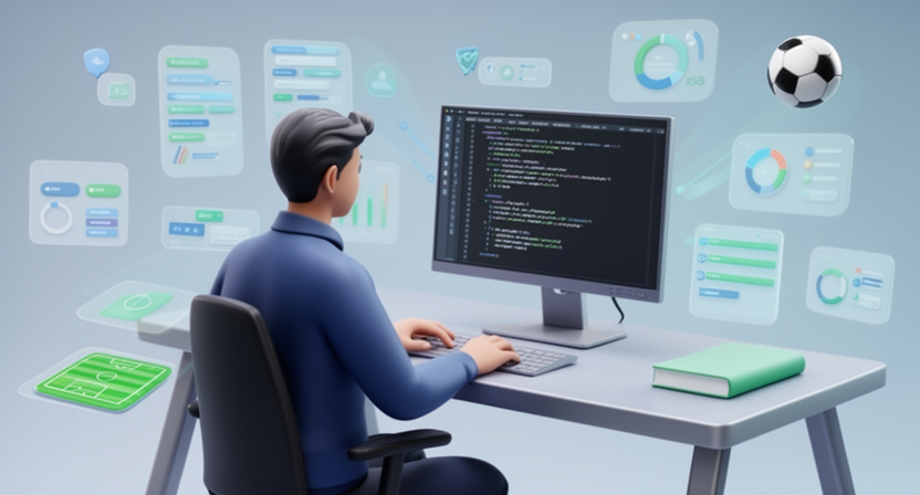 Developer at a desk, code editor with API calls, football icons in background, representing betting data API integration