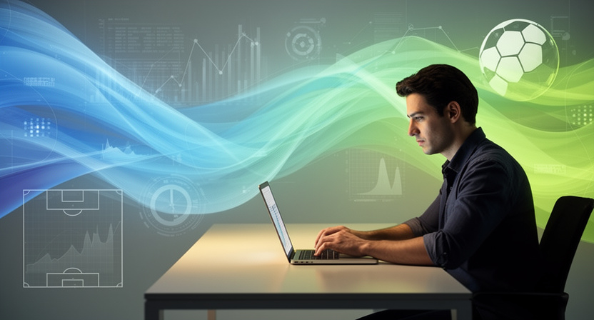 a developer coding on a laptop, with abstract charts and data flowing in the background, representing building an arbitrage finder.