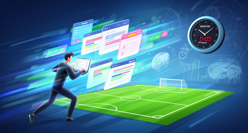 a digital clock displaying milliseconds, surrounded by abstract data streams and football icons, emphasizing speed