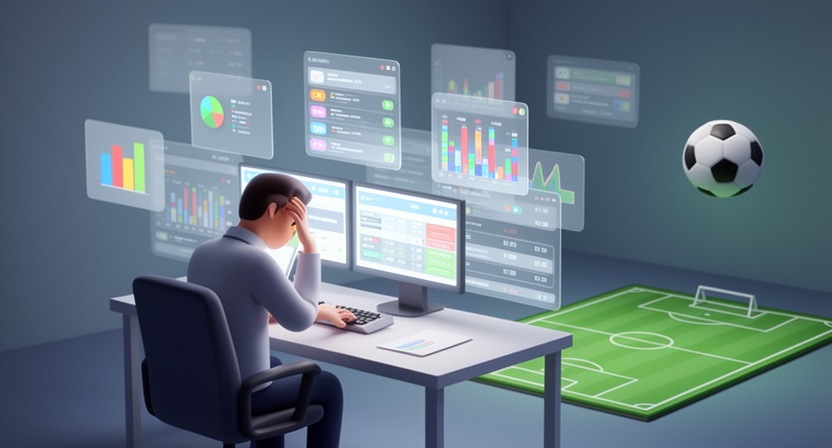 developer manually entering data into a spreadsheet, frustrated expression, glowing screens