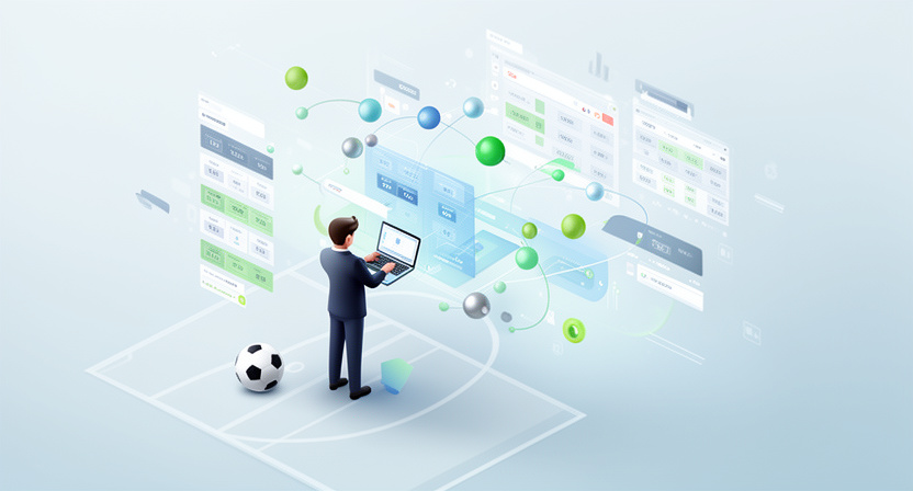 abstract network of data points, representing different bookmakers and odds, flowing towards a central analysis point