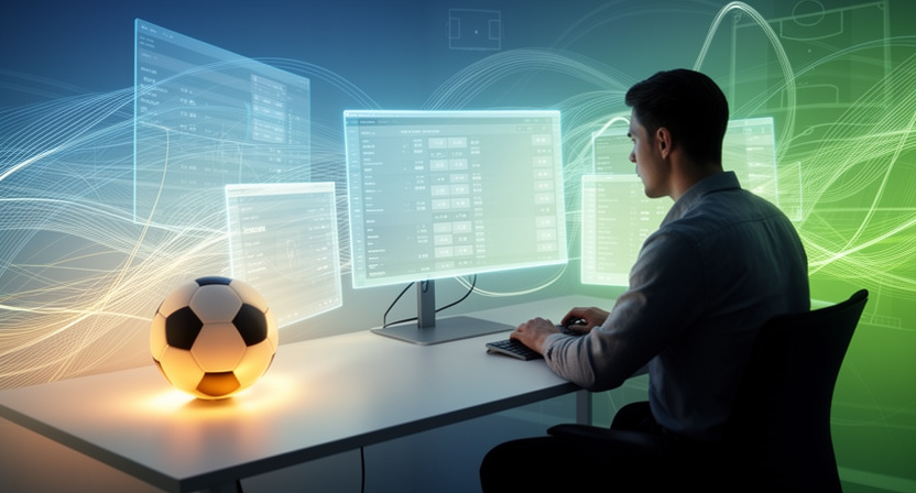 abstract data flow, network connections, and odds calculations, illustrating how arbitrage betting tools work.