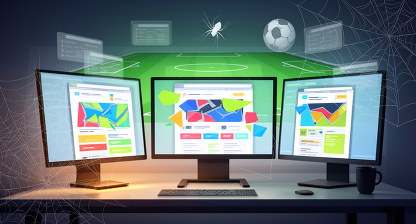 developer's desk with multiple monitors showing broken web pages, a spider web overlay
