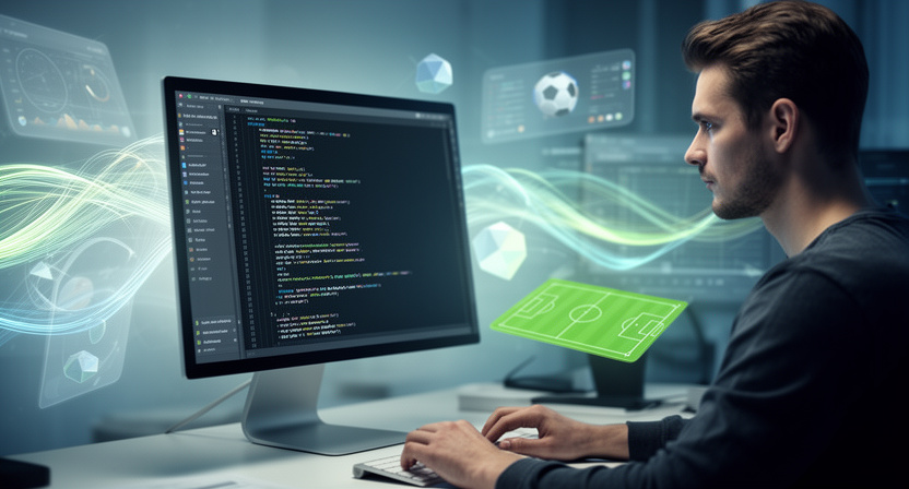 code editor showing Python script fetching football events, abstract data flowing in the background