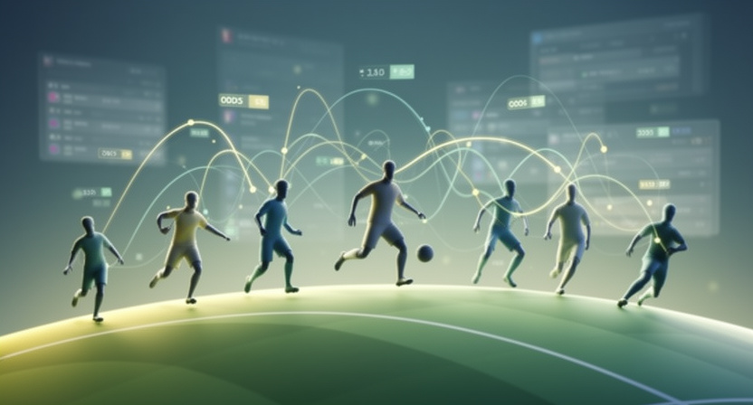 abstract representation of football players with data points and odds lines flowing between them