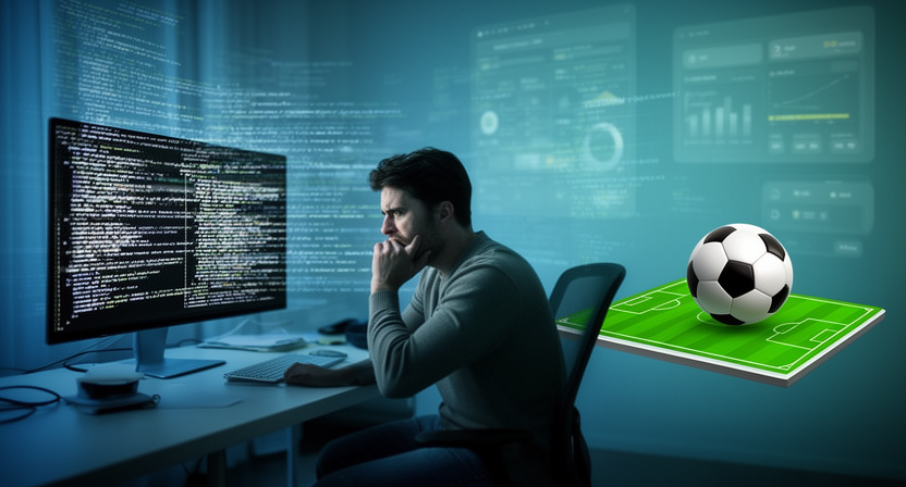 developer at a desk, looking frustrated at a screen filled with broken code, with abstract data streams fading into the background