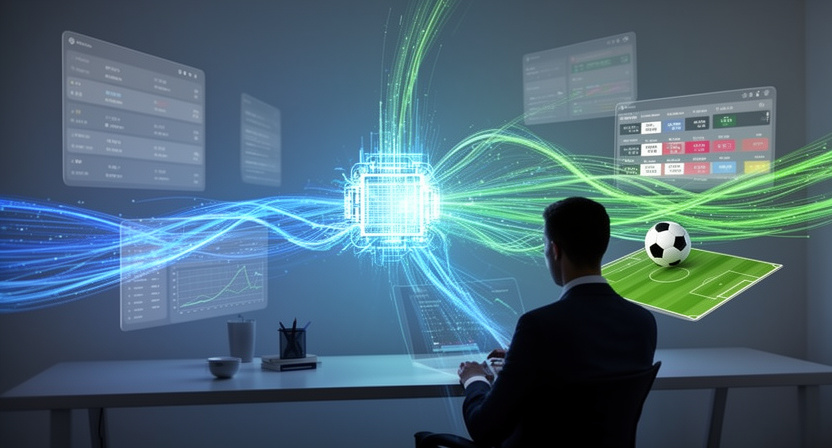 abstract data streams flowing into a central processing unit, representing API data integration for arbitrage