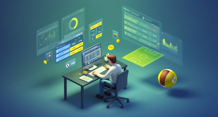 abstract representation of player statistics and betting odds, flowing into a structured database