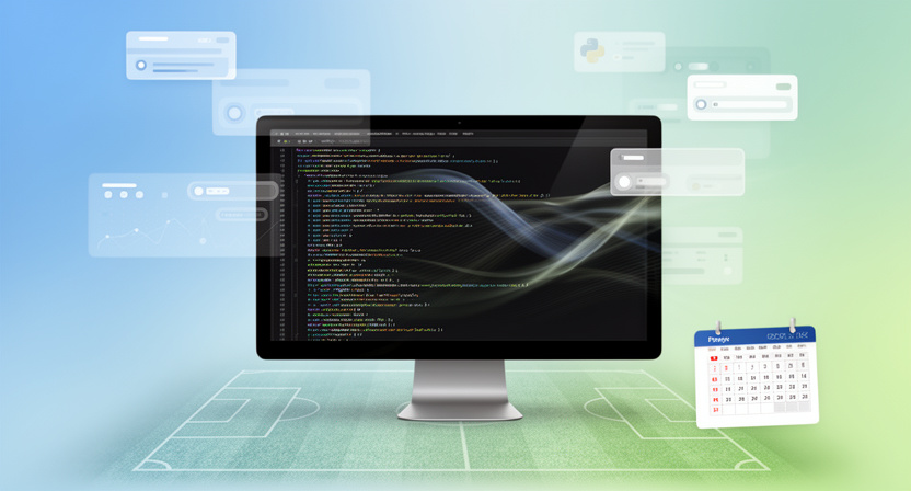 developer's screen showing Python code for fetching football events, with a calendar icon and abstract data flow
