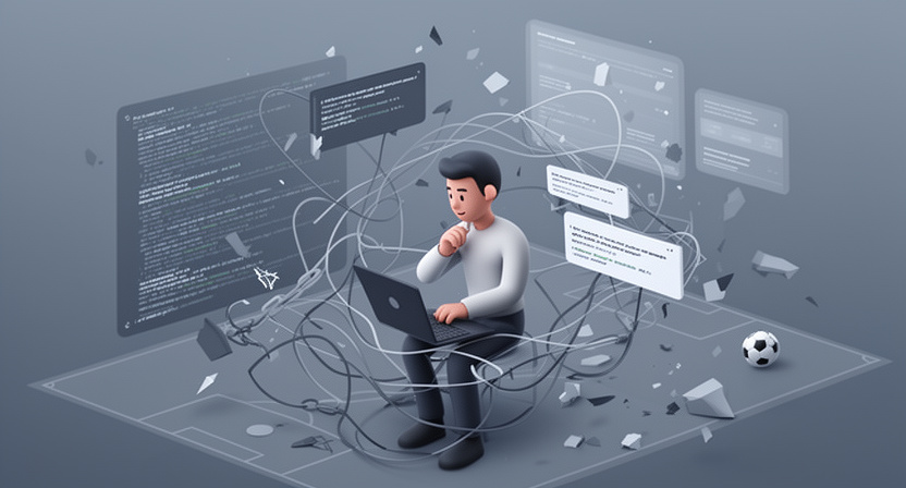 a tangled web of code, broken links, and error messages representing the frustrations of web scraping