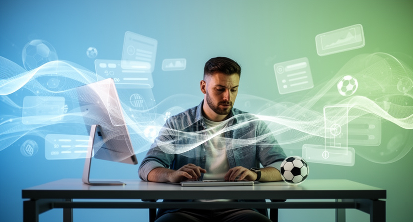 developer at a desk, looking at code, with abstract football data visualisations in the background