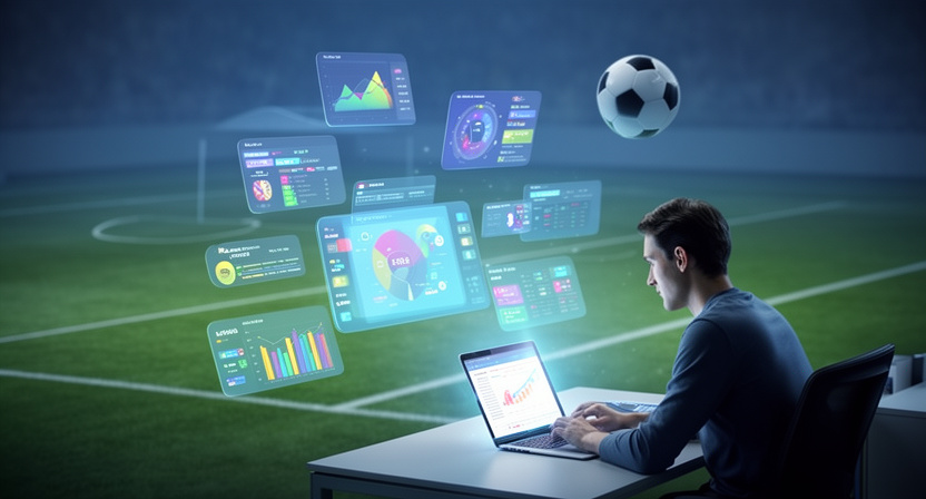 developer working on a dashboard, charts and graphs showing player statistics, football match in background