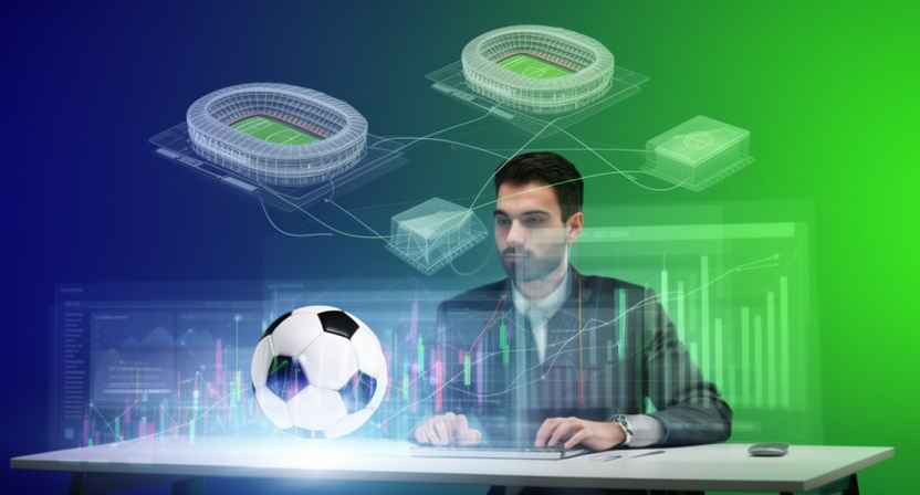 a network of data points connecting different football stadiums, representing API calls and data flow