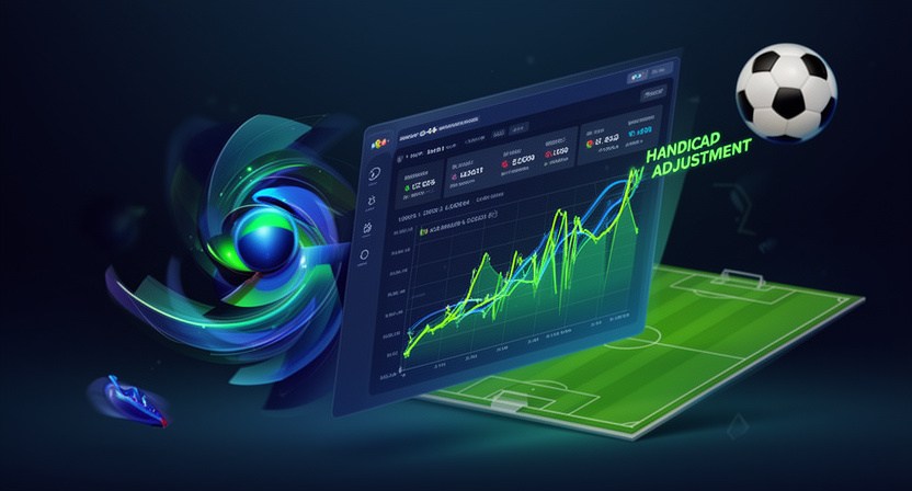 Digital interface showing football match statistics and a dynamic graph illustrating handicap adjustments