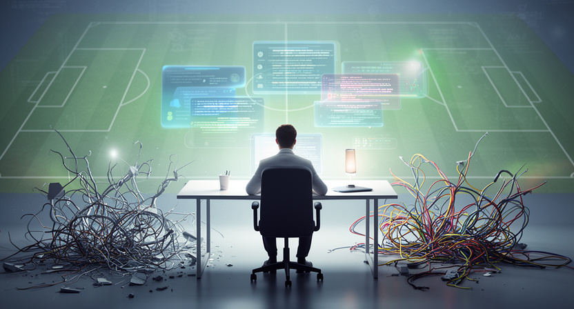 a tangled mess of wires and broken connections, symbolizing the complexity and fragility of web scraping, contrasted with a clean, organized data pipeline in the background