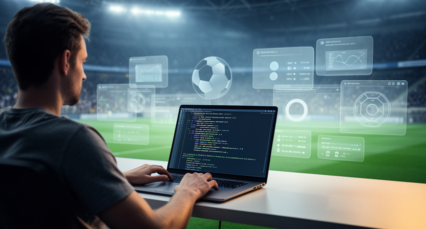 a developer's screen showing code for fetching football events, with a subtle background of a football stadium, illustrating the practical application of the API