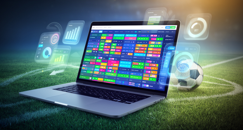 a developer's hands typing code on a laptop, with football match data on screen, representing efficient data integration