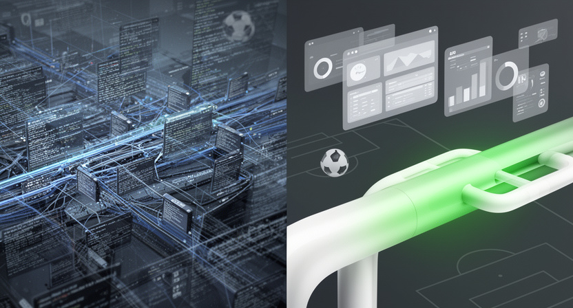 a split image showing on one side a complex network of servers and code (scraping), and on the other, a clean, single data pipe flowing into an application (API).