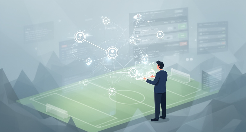 a network of interconnected nodes representing API calls and data flow, with a focus on football event data