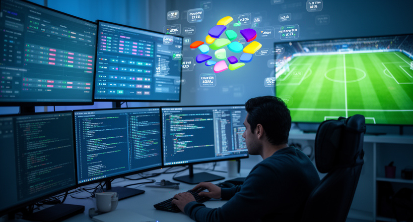 a developer coding at a desk, with multiple screens displaying football statistics and JSON data feeds