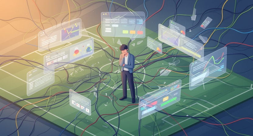 a person looking frustrated at a complex, tangled network of wires and broken connections