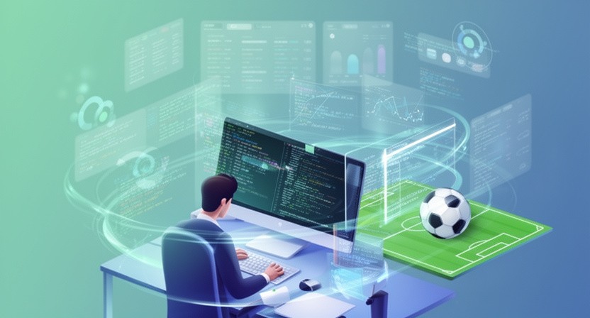 code editor with Python script fetching odds, abstract data elements flowing around