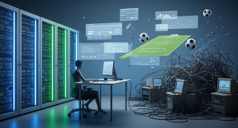 A clean, well-organized data center rack contrasted with a chaotic, tangled mess of wires and old computers. Focus on order vs disorder.