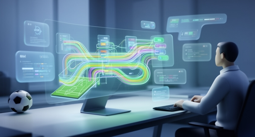 conceptual: data pipeline flowing into a structured API, clean JSON output, developer interacting with a screen