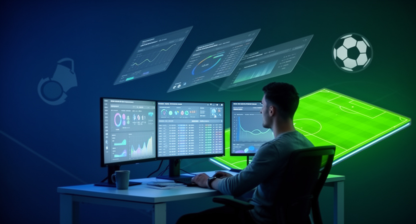 a developer's desk with multiple monitors displaying code and abstract data charts, illustrating polling for odds data