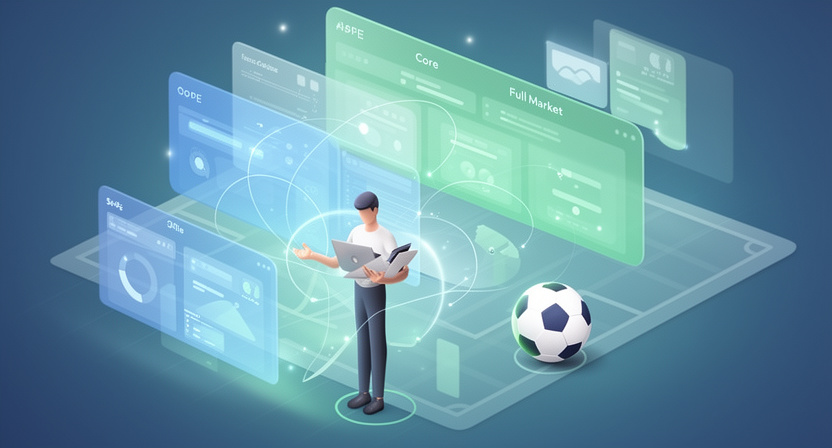 abstract representation of data tiers, core vs full, with football icons and data streams