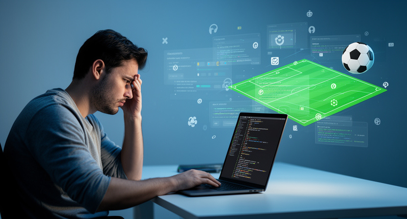 developer debugging code, frustrated, with abstract web scraping symbols around them