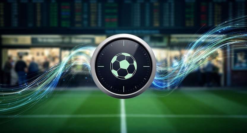 a digital clock face with a subtle football icon, surrounded by abstract data streams, contrasting with a blurred background of a traditional betting shop