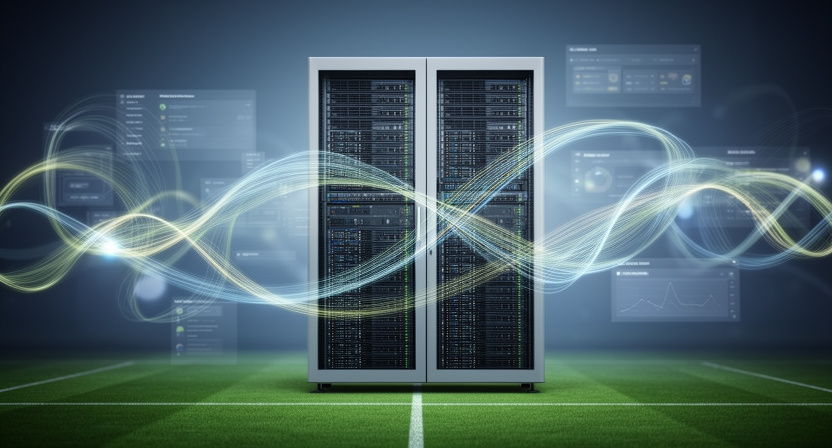 clean server rack with flowing light paths, data architecture visualization