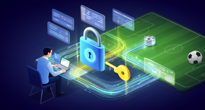 digital lock and key representing API authentication, data flowing through secure channels