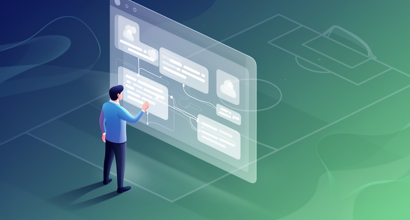 abstract data flow diagram, API calls and JSON responses, subtle football field lines