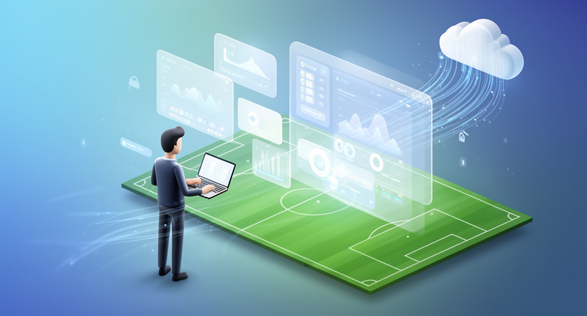 abstract mobile app UI showing football match details and odds, data flowing from a cloud server
