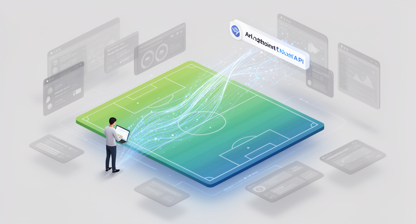 a digital football pitch with data points representing match odds, flowing into an API endpoint