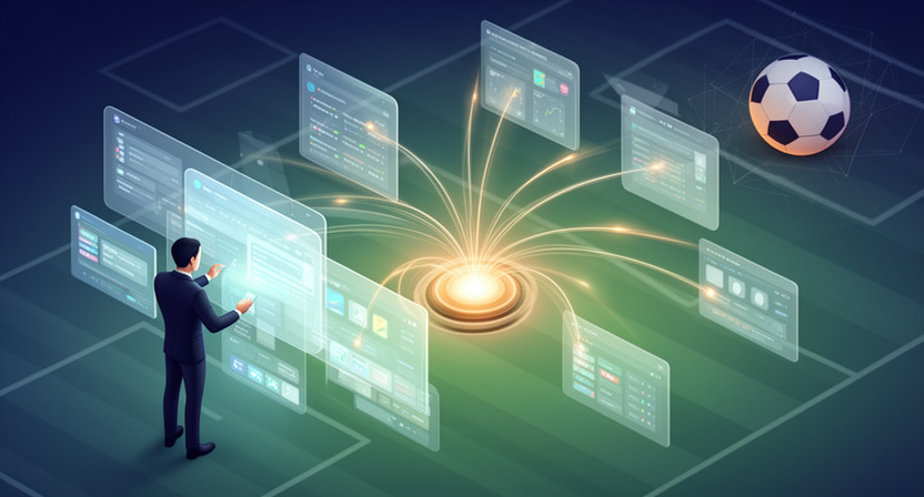 abstract representation of data flowing from multiple sources into a central hub, then fanning out to multiple clients