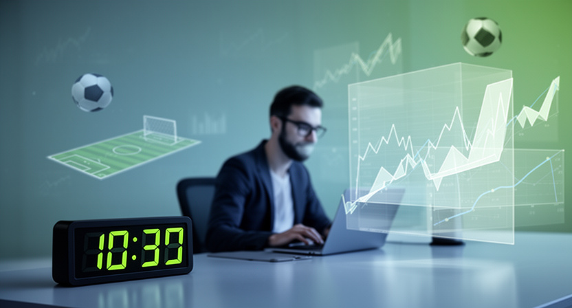conceptual image of a digital clock counting down an arbitrage window, with football odds data flowing