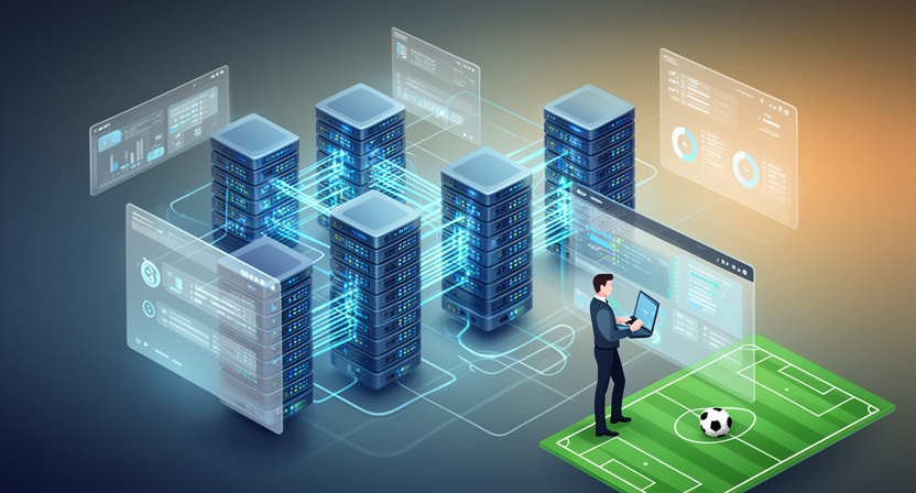 a network of servers and data flowing, representing scalability and reliability